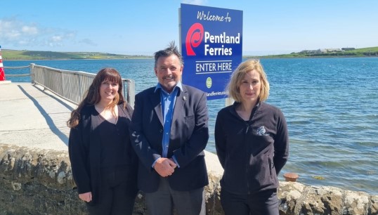 Nautilus industrial organiser Steve Doran with Pentland Ferries managing director Helen Inkster (right) and director Kathryn Scollie (left). Image: Nautilus International Image:Nautilus industrial organiser Steve Doran with Pentland Ferries managing director Helen Inkster (right) and director Kathryn Scollie (left). Image: Nautilus International