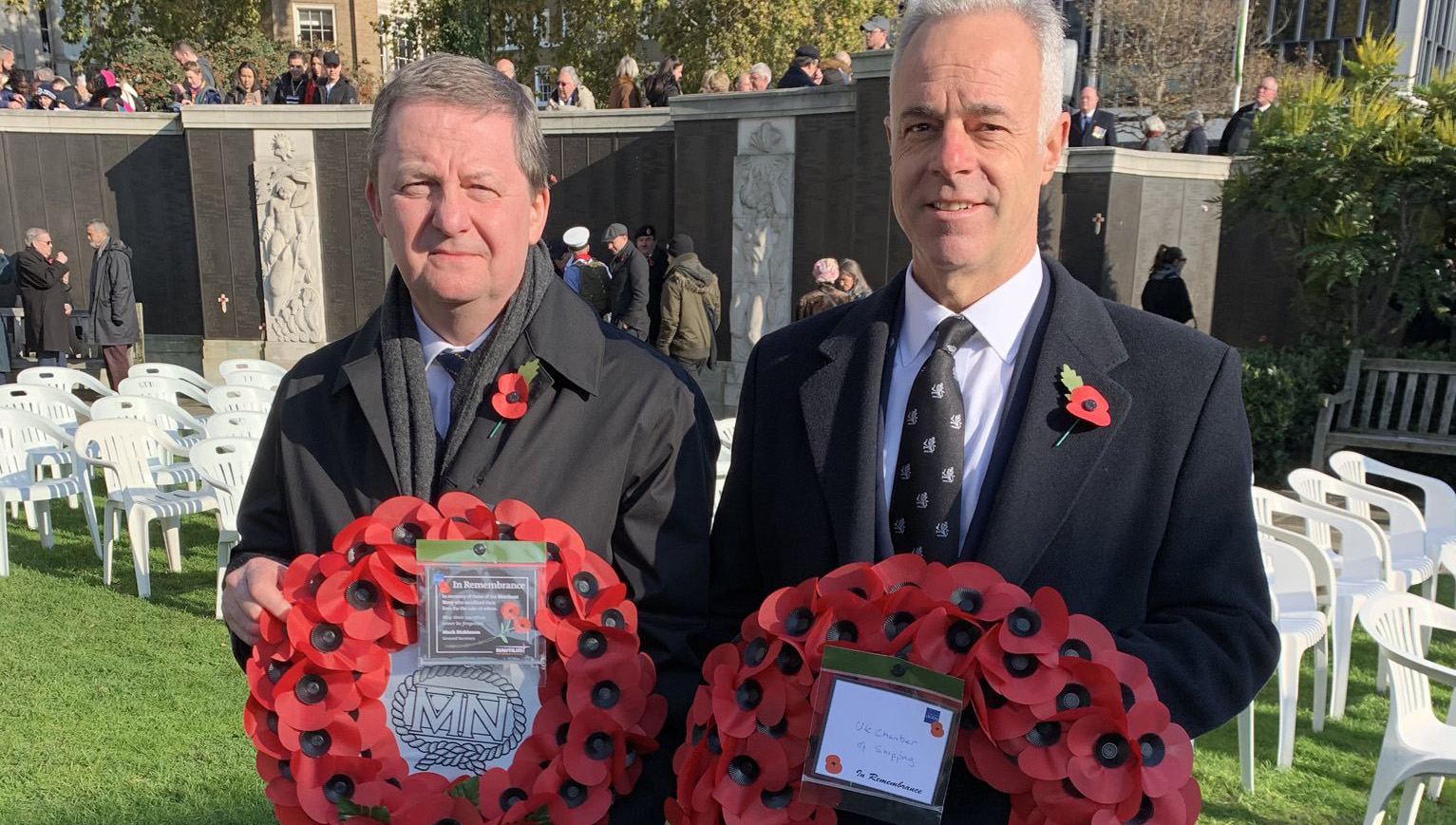 Nautilus general secretary Mark Dickinson (left) and UK Chamber of Shipping CEO Bob Sanguinetti with wreaths laid during the ceremony for the UK Merchant Navy at Tower Hill in London. Image:Nautilus general secretary Mark Dickinson (left) and UK Chamber of Shipping CEO Bob Sanguinetti with wreaths laid during the ceremony for the UK Merchant Navy at Tower Hill in London.