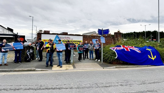 RFA officers and Nautilus staff demonstrate during the first day of strike action on 15 August outside Cammell Laird shipyard in Birkenhead. Image: Nautilus International Image:RFA officers and Nautilus staff demonstrate during the first day of strike action on 15 August outside Cammell Laird shipyard in Birkenhead. Image: Nautilus International