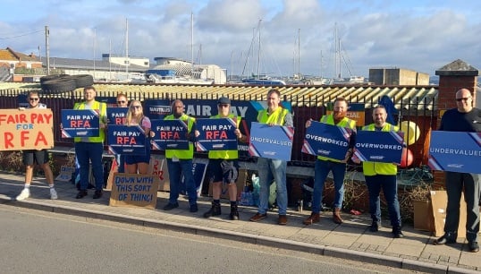 The strike follows more than two months of action short of strike, with the UK government still not yet presenting a pathway forward for officers at the Royal Fleet Auxiliary who have endured at 30% real-terms pay cut since 2010. Image: Nautilus International/Portland action Image:The strike follows more than two months of action short of strike, with the UK government still not yet presenting a pathway forward for officers at the Royal Fleet Auxiliary who have endured at 30% real-terms pay cut since 2010. Image: Nautilus International/Portland action