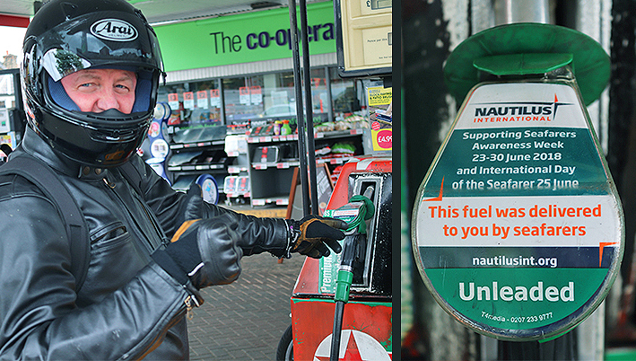 Nautilus general secretary Mark Dickinson pumps out the message being promoted at petrol stations for Seafarers Awareness Week and Day of the Seafarer in June. Image:Nautilus general secretary Mark Dickinson pumps out the message being promoted at petrol stations for Seafarers Awareness Week and Day of the Seafarer in June.