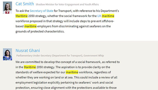 Hansard report: Former shipping minister Nusrat Ghani commits to review the Equalities Act 2010 (Work on Ships and Hovercraft) Regulations 2011 Image:Hansard report: Former shipping minister Nusrat Ghani commits to review the Equalities Act 2010 (Work on Ships and Hovercraft) Regulations 2011