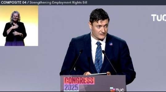 Nautilus director of organising Martyn Gray speaking in support of the composite motion on the UK Employment Rights Bill to TUC Congress 2025. Image: screenshot from TUC live feed Image:Nautilus director of organising Martyn Gray speaking in support of the composite motion on the UK Employment Rights Bill to TUC Congress 2025. Image: screenshot from TUC live feed