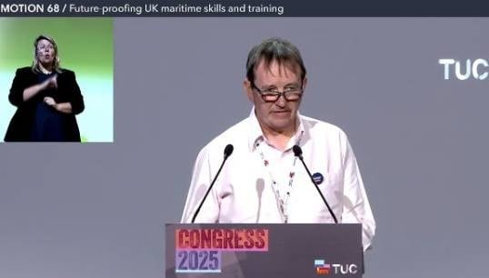Nautilus Council vice-chair Iain MacKenzie proposing the Nautilus motion on Future-Proofing UK Maritime Skills and Training to TUC Congress 2025. Image: screenshot from TUC live feed Image:Nautilus Council vice-chair Iain MacKenzie proposing the Nautilus motion on Future-Proofing UK Maritime Skills and Training to TUC Congress 2025. Image: screenshot from TUC live feed