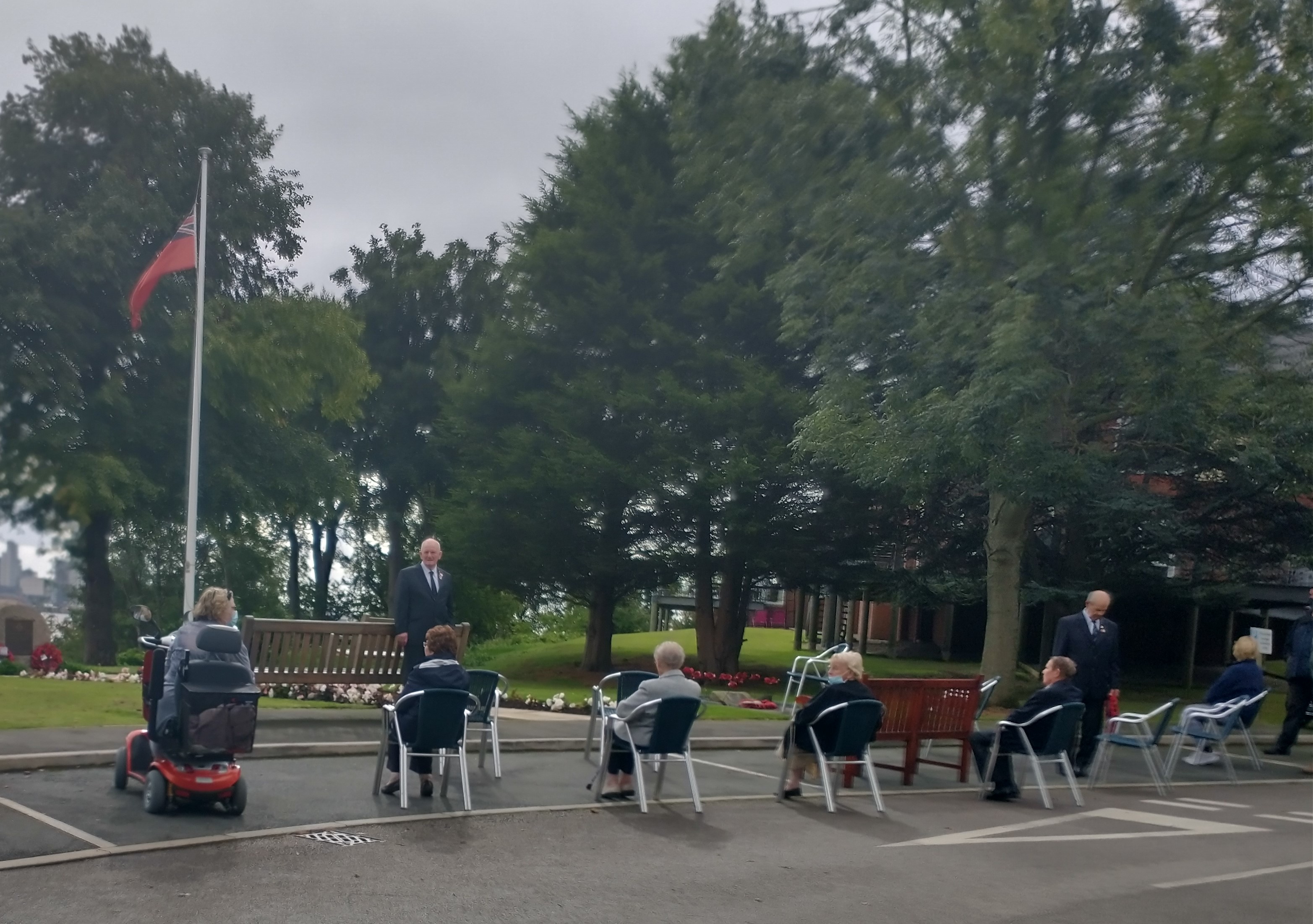 Residents of Mariners' Park gather to for a socially distanced ceremony to commemorate Merchant Navy Day. Image: Nautilus International. Image:Residents of Mariners' Park gather to for a socially distanced ceremony to commemorate Merchant Navy Day. Image: Nautilus International.