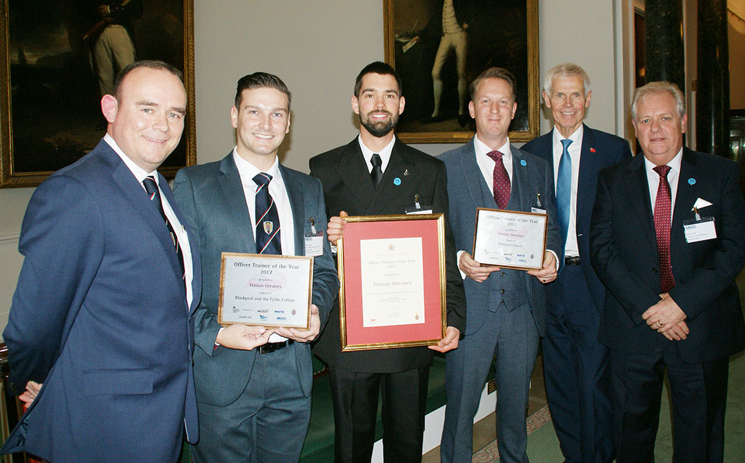 Left to right, are: Neil Atkinson and Brady Hogg, from Fleetwood Nautical Campus; UK Officer Trainee of the Year Tristan Greaney; James Halle, from Princess Cruises; MCA chief executive Sir Alan Massey; and Princess Cruises HR director David Colclough. Image:Left to right, are: Neil Atkinson and Brady Hogg, from Fleetwood Nautical Campus; UK Officer Trainee of the Year Tristan Greaney; James Halle, from Princess Cruises; MCA chief executive Sir Alan Massey; and Princess Cruises HR director David Colclough.