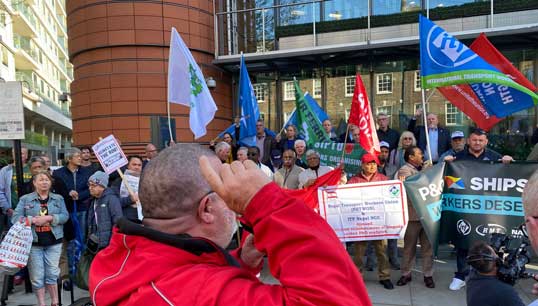 Protests by international unions against P&O Ferries in early 2022 outside DP World in London. Image: European Transport Workers' Federation Image:Protests by international unions against P&O Ferries in early 2022 outside DP World in London. Image: European Transport Workers' Federation