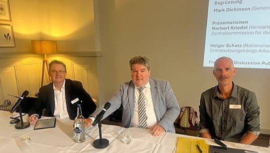 L–R: Nautilus general secretary Mark Dickinson, Norbert Kriedel from the Rhine Navigation Commission, and Nautilus national secretary Holger Schatz during the seminar. Image: André Auderset Image:L–R: Nautilus general secretary Mark Dickinson, Norbert Kriedel from the Rhine Navigation Commission, and Nautilus national secretary Holger Schatz during the seminar. Image: André Auderset