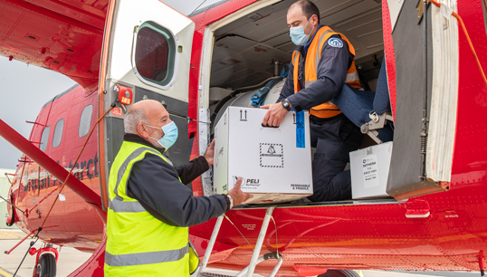 The vaccines were flown by the RAF from Brize Norton, via Senegal, to Mount Pleasant Airbase in the Falkland Islands. They were then taken by a BAS aircraft to the research station at Rothera, on the Antarctic Peninsula. The total voyage was almost 10,000 miles, covering 4 continents. Image: MOD Image:The vaccines were flown by the RAF from Brize Norton, via Senegal, to Mount Pleasant Airbase in the Falkland Islands. They were then taken by a BAS aircraft to the research station at Rothera, on the Antarctic Peninsula. The total voyage was almost 10,000 miles, covering 4 continents. Image: MOD