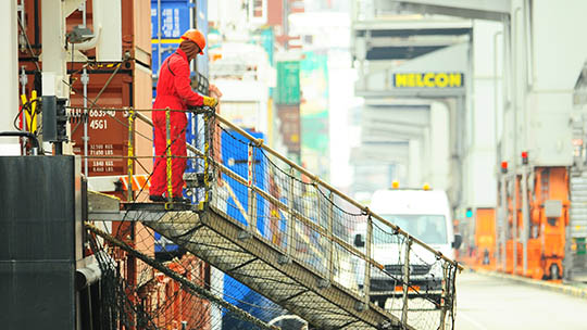 Containership crew: seafarers look to Nautilus for assistance and advice in times of uncertainty. Image:Containership crew: seafarers look to Nautilus for assistance and advice in times of uncertainty.