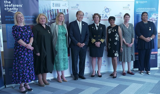 Merchant Navy Medal recipients with IMO secretary general Kitack Lim, L-R: Capt Susan Thomson, Helene Peter-Davies, Claire Womersley, Kitack Lim, Capt Jessica Tyson, Fazilette Khan, Capt Fran Collins, Capt Belinda Bennett. Image: WISTA UK
Image:Merchant Navy Medal recipients with IMO secretary general Kitack Lim, L-R: Capt Susan Thomson, Helene Peter-Davies, Claire Womersley, Kitack Lim, Capt Jessica Tyson, Fazilette Khan, Capt Fran Collins, Capt Belinda Bennett. Image: WISTA UK