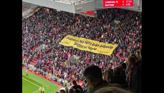 The weekend was marked by further protests against P&O Ferries, including the appearance of a banner in support of the sacked seafarers at Anfield. Image: Nautilus International Image:The weekend was marked by further protests against P&O Ferries, including the appearance of a banner in support of the sacked seafarers at Anfield. Image: Nautilus International