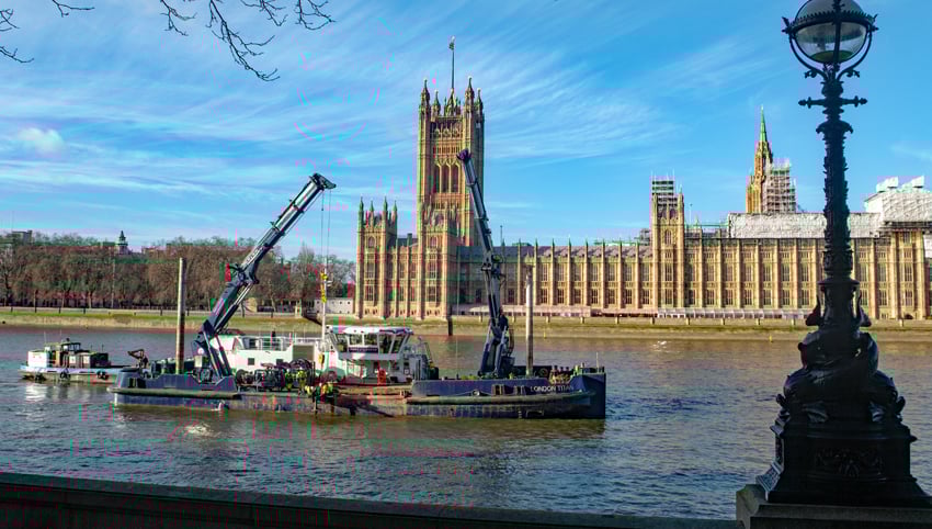 PLA mooring maintenance vessel, London Titan, working opposite the Houses of Parliament. The 14th Maritime HR conference will be held in London.
Image:PLA mooring maintenance vessel, London Titan, working opposite the Houses of Parliament. The 14th Maritime HR conference will be held in London.