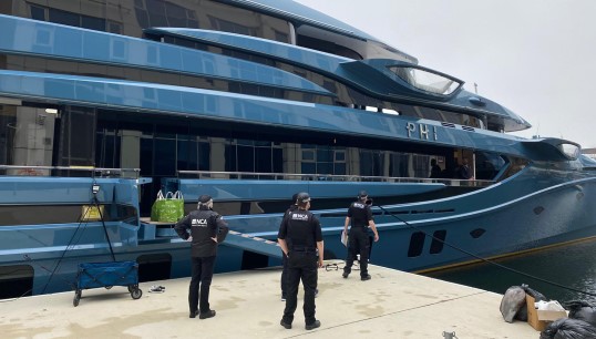 The superyacht Phi, which was detained by the NCA in Canary Wharf, London. Image: National Crime Agency Image:The superyacht Phi, which was detained by the NCA in Canary Wharf, London. Image: National Crime Agency