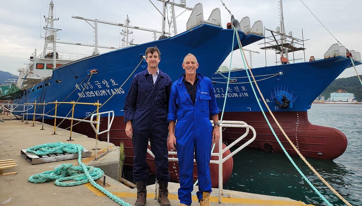 Robert Greenwood (left), Nautilus member, fishing skipper and trustee of The Seafarers' charity, was among the 14 Merchant Navy Medal recipients for 2022. Pictured with a colleague, Nigel Blazeby, while working in Busan South Korea. Image: Robert Greenwood. Image:Robert Greenwood (left), Nautilus member, fishing skipper and trustee of The Seafarers' charity, was among the 14 Merchant Navy Medal recipients for 2022. Pictured with a colleague, Nigel Blazeby, while working in Busan South Korea. Image: Robert Greenwood.