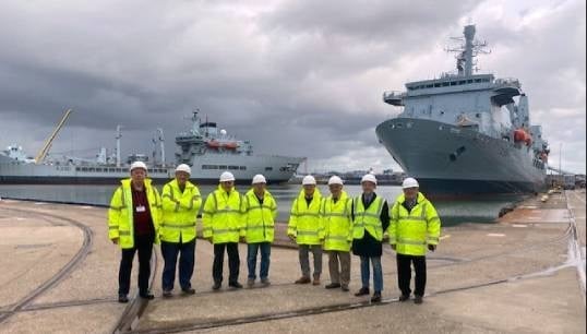Touring the shipyard, from left are: Peter Shillinglaw Mariners' Park Resident; Captain Derrick Kemp, retired cruiseship master; Captain Michael Feltham;Mariners' Park resident; John Parsons, retired engineer; Arthur Speed, retired CH engineer; David Crearer, retired engineer; James Mundy, marine surveyor and consultant; Robert Keith, Mariners' Park resident. Image: Cammell Laird.
Image:Touring the shipyard, from left are: Peter Shillinglaw Mariners' Park Resident; Captain Derrick Kemp, retired cruiseship master; Captain Michael Feltham;Mariners' Park resident; John Parsons, retired engineer; Arthur Speed, retired CH engineer; David Crearer, retired engineer; James Mundy, marine surveyor and consultant; Robert Keith, Mariners' Park resident. Image: Cammell Laird.