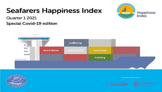 Front cover of the Q1 2021 Seafarers Happiness Index report, produced by the Mission to Seafarers in conjunction with the Wallem Group and Standard Club Image:Front cover of the Q1 2021 Seafarers Happiness Index report, produced by the Mission to Seafarers in conjunction with the Wallem Group and Standard Club