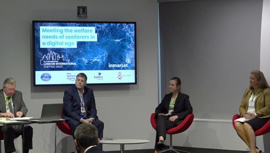 The third of four panel sessions during the LISW 2021 maritime charity seminar addressing the needs of seafarers in a digital age. From left: John Adams, event chair; Ronald Spithout, president Inmarsat Maritime; Katie Higginbottom, head of the ITF Seafarers' Trust, and Sara Baade, Sailors' Society CEO. Image:The third of four panel sessions during the LISW 2021 maritime charity seminar addressing the needs of seafarers in a digital age. From left: John Adams, event chair; Ronald Spithout, president Inmarsat Maritime; Katie Higginbottom, head of the ITF Seafarers' Trust, and Sara Baade, Sailors' Society CEO.