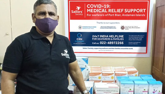 Manoj Joy, a Sailor's Society community development manager with some of the medicines being sent to the seafarers. Image: Sailor's Society. Image:Manoj Joy, a Sailor's Society community development manager with some of the medicines being sent to the seafarers. Image: Sailor's Society.
