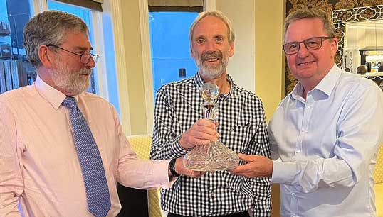 Retiring Nautilus Welfare Fund (NWF) manager Mick Howarth (middle) with Nautilus general secretary Mark Dickinson (right) and chair of NWF Committee Bob Thornton. Images: Nautilus International Image:Retiring Nautilus Welfare Fund (NWF) manager Mick Howarth (middle) with Nautilus general secretary Mark Dickinson (right) and chair of NWF Committee Bob Thornton. Images: Nautilus International