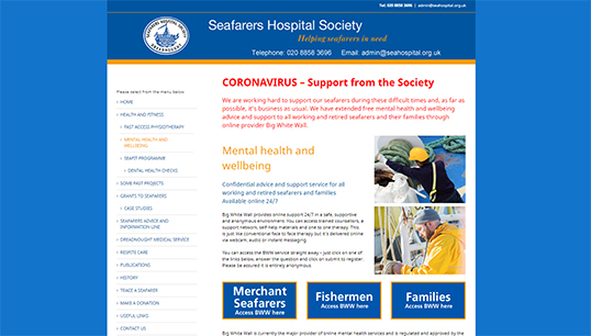 A screenshot of the Seafarers Hospital Society's mental health support webpage Image:A screenshot of the Seafarers Hospital Society's mental health support webpage