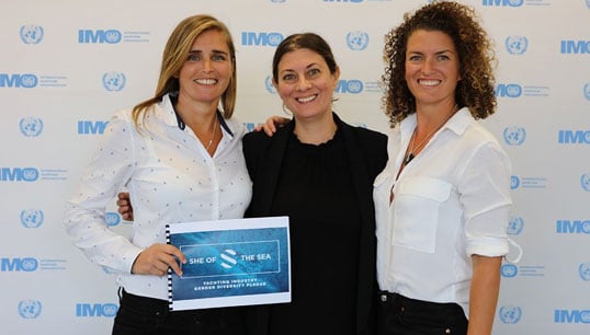 She of the Sea and LegaSea co-founders Natasha Ambrose and Jenny Matthews (right) at a meeting with the International Maritime Organisation's principal programme assistant Helen Buni (middle) in February 2020. Image:She of the Sea and LegaSea co-founders Natasha Ambrose and Jenny Matthews (right) at a meeting with the International Maritime Organisation's principal programme assistant Helen Buni (middle) in February 2020.